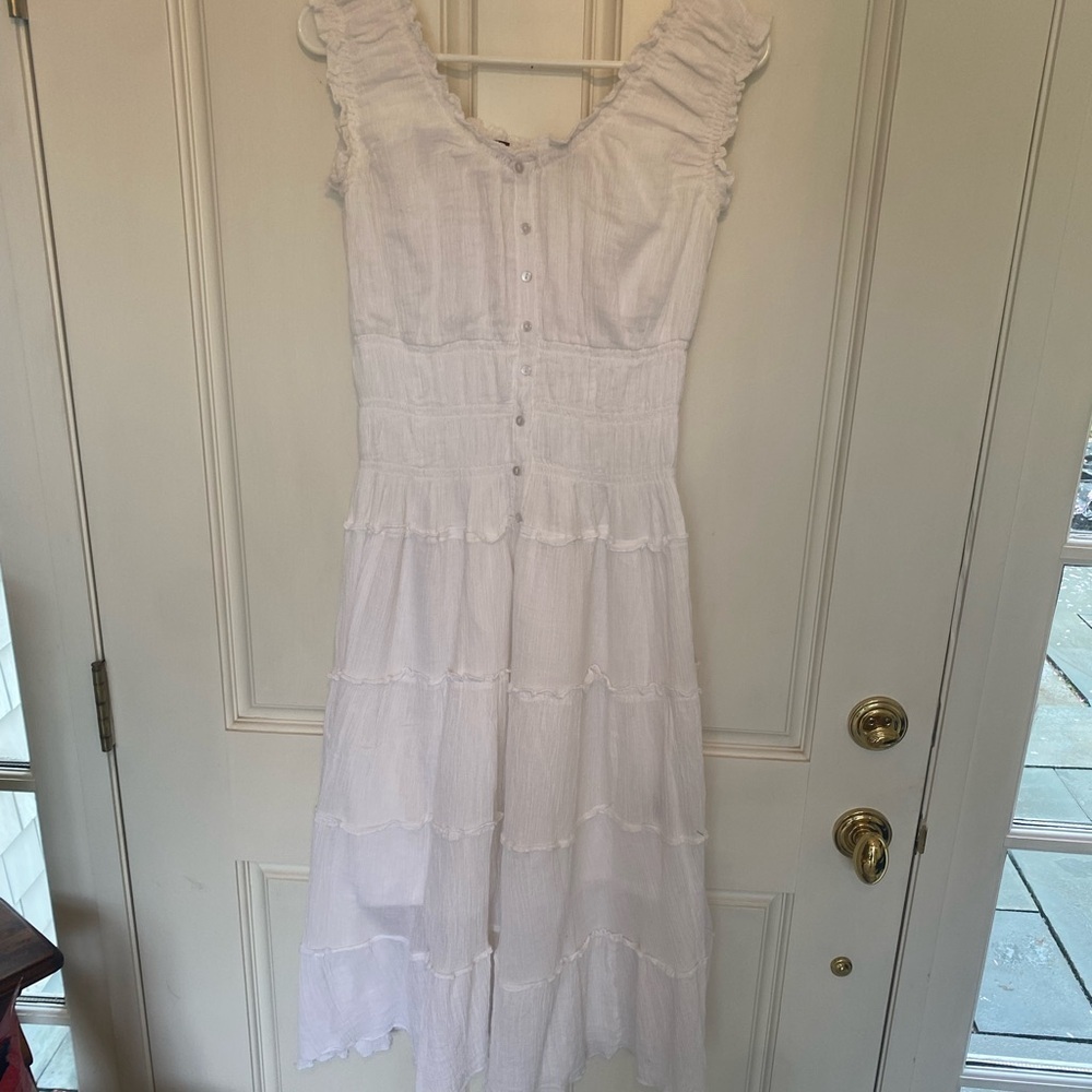 White Cotton Ruffled Button-Down Midi Dress